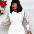 Elegant White Mesh Long Sleeve Office African Career Dress Lady